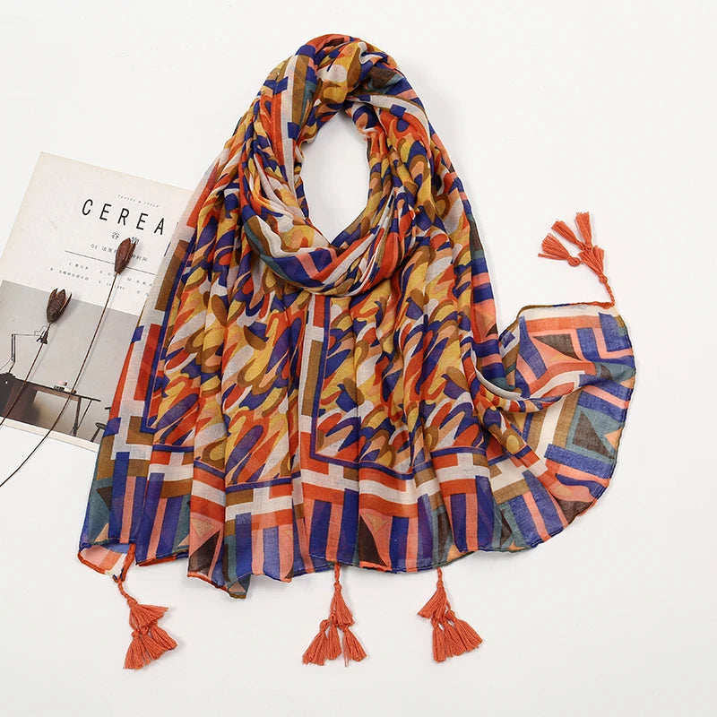 New Printed Soft Linen Cotton Scarf Shawls Women Muslim Hijabs Premium Foulard Femme Long Fresh Floral Tassel Scarves Echarpe