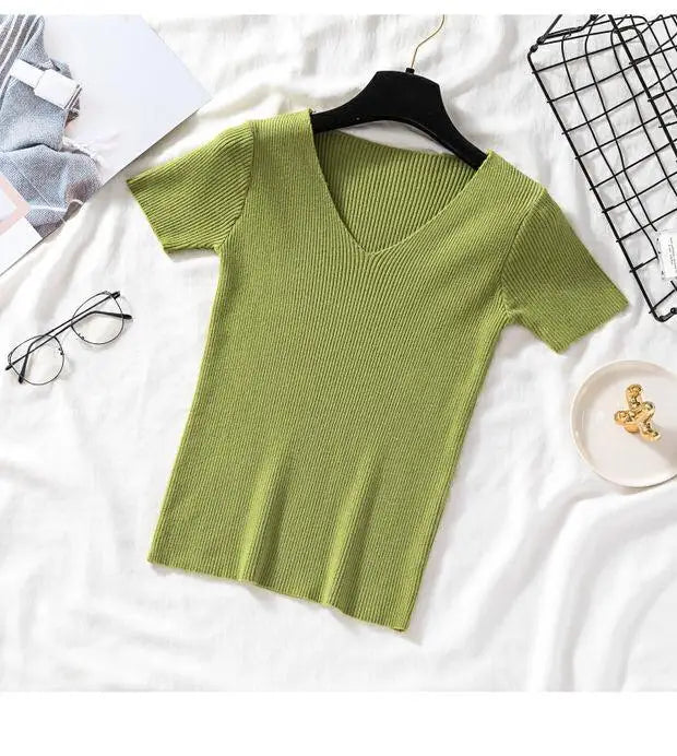 V-neck Solid Thin Summer Women Pullover Female Knitted Ribbed Sweater.