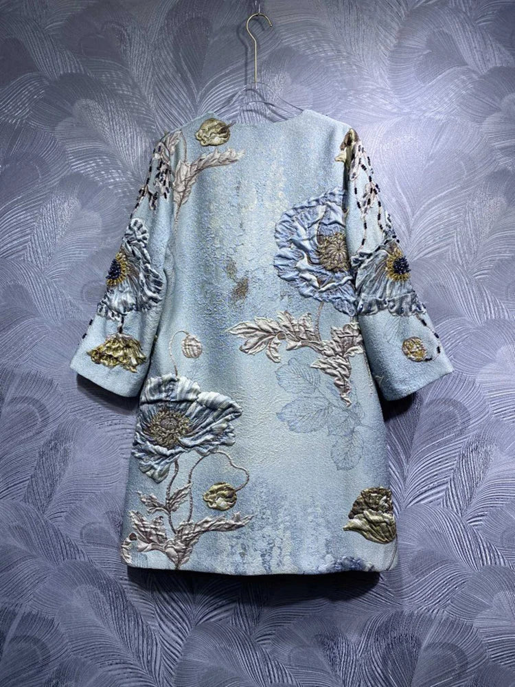 DLDENGHAN Beading Jacquard Coat For Women O-Neck Long Sleeves.