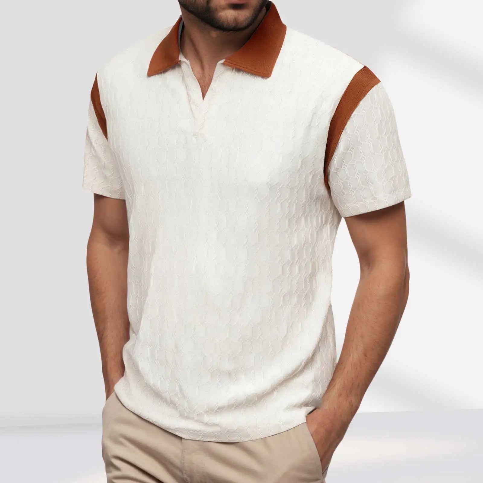 2025 Trendy Men'S polo Shirt With Color Block Design Summer Casual Lapel Shirt Knitted Jacquard Short Sleeve Versatile Shirt