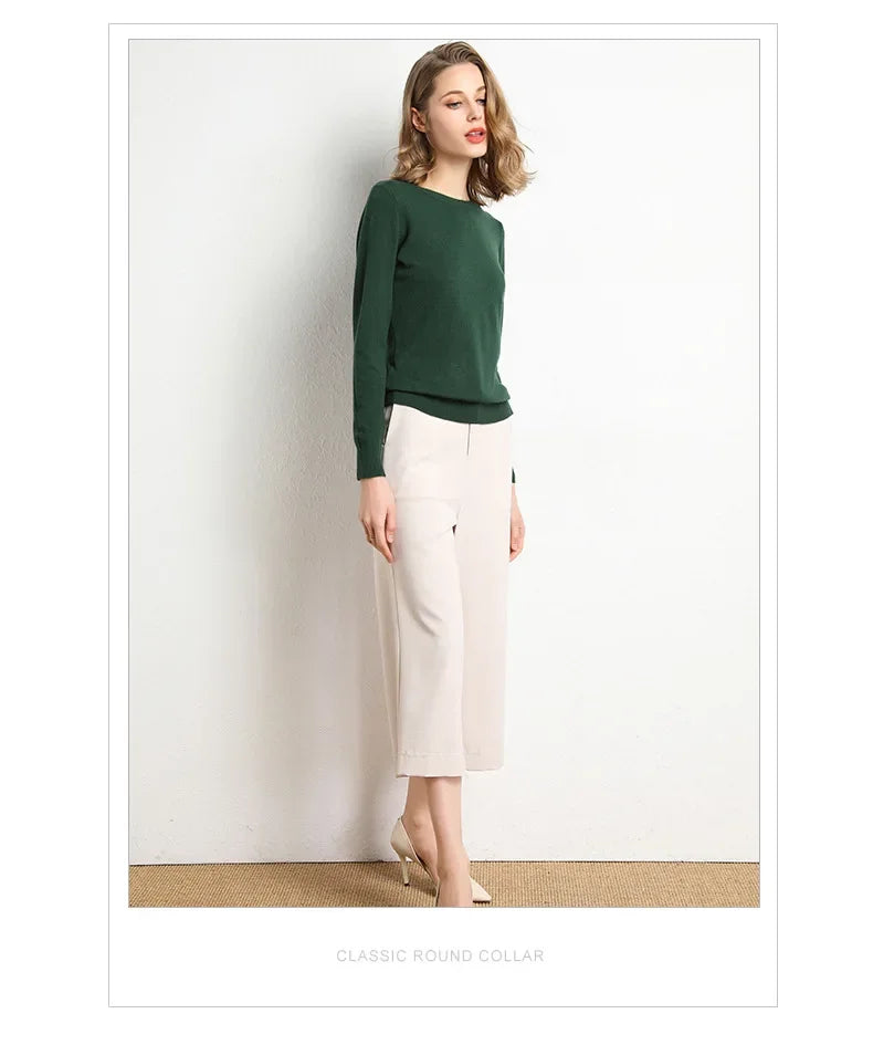 Women Slim O-Neck Pullover Cashmere Wool Blending Sweater.