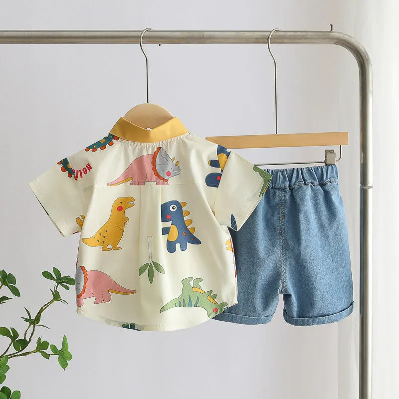 Children Print Dinosaur Shirts Denim Shorts 2Pcs/Set Kids Fashion .