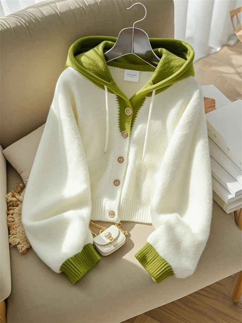 Women Spring Autumn Patchwork Knitted Cardigan Sweater 2025 New Korean Ladies Single Breasted Sweater Hooded Jacket Elegant Coat