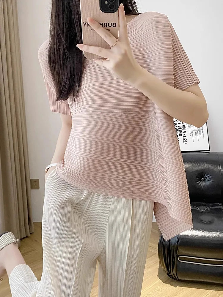 Miyake style pleated tops for women 2024 summer new high-end loose large size stretch fabric clothes temperament T-shirt