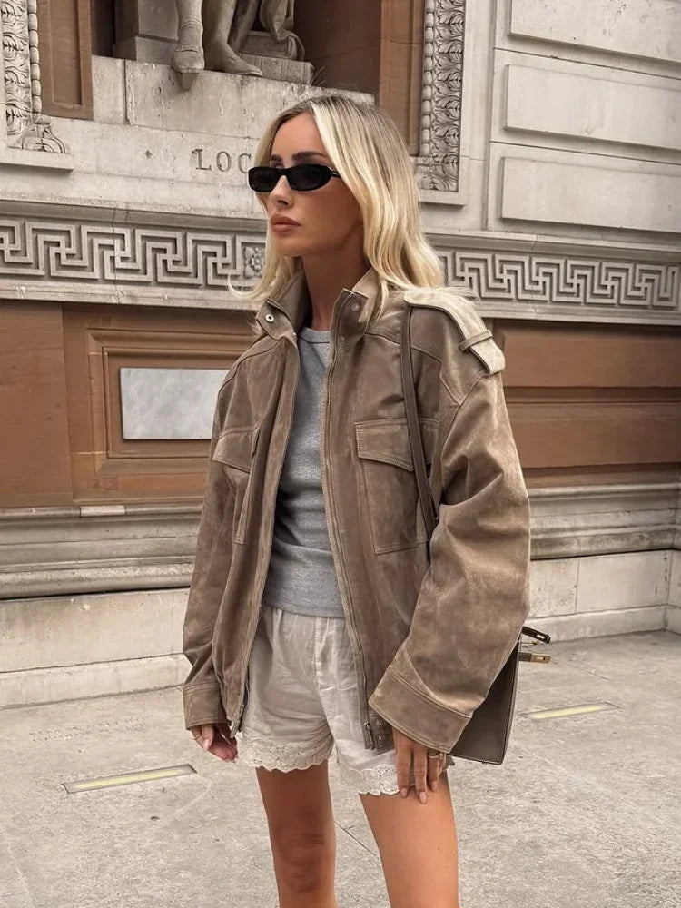 Solid Suede Zipper Cropped Jacket Women Casual Stand Collar .