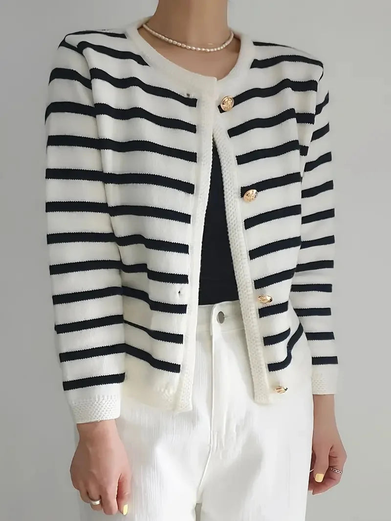 Chic Striped Cardigan Sweater Soft Long Sleeve Crew Neck Button.