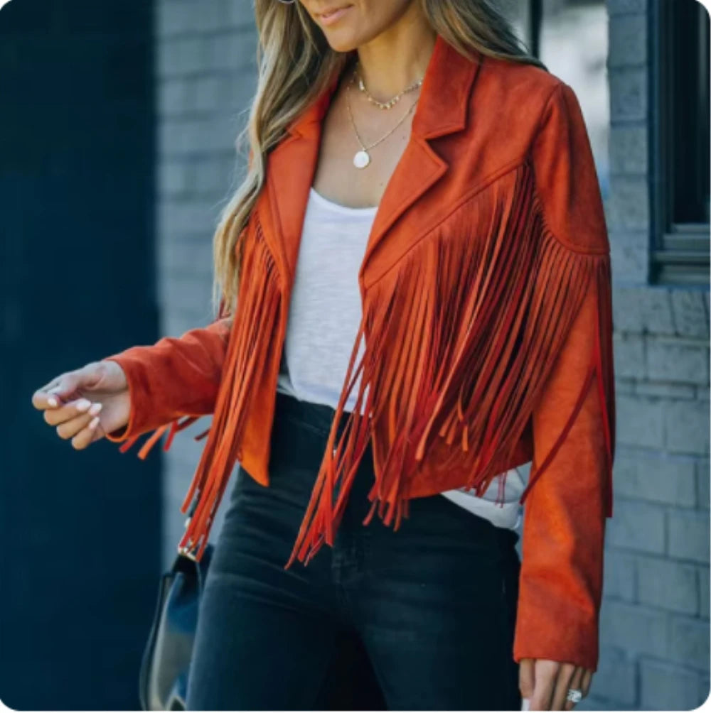New women Motor Biker Cardigan OutwearsFaux Suede Tassel Jacket.