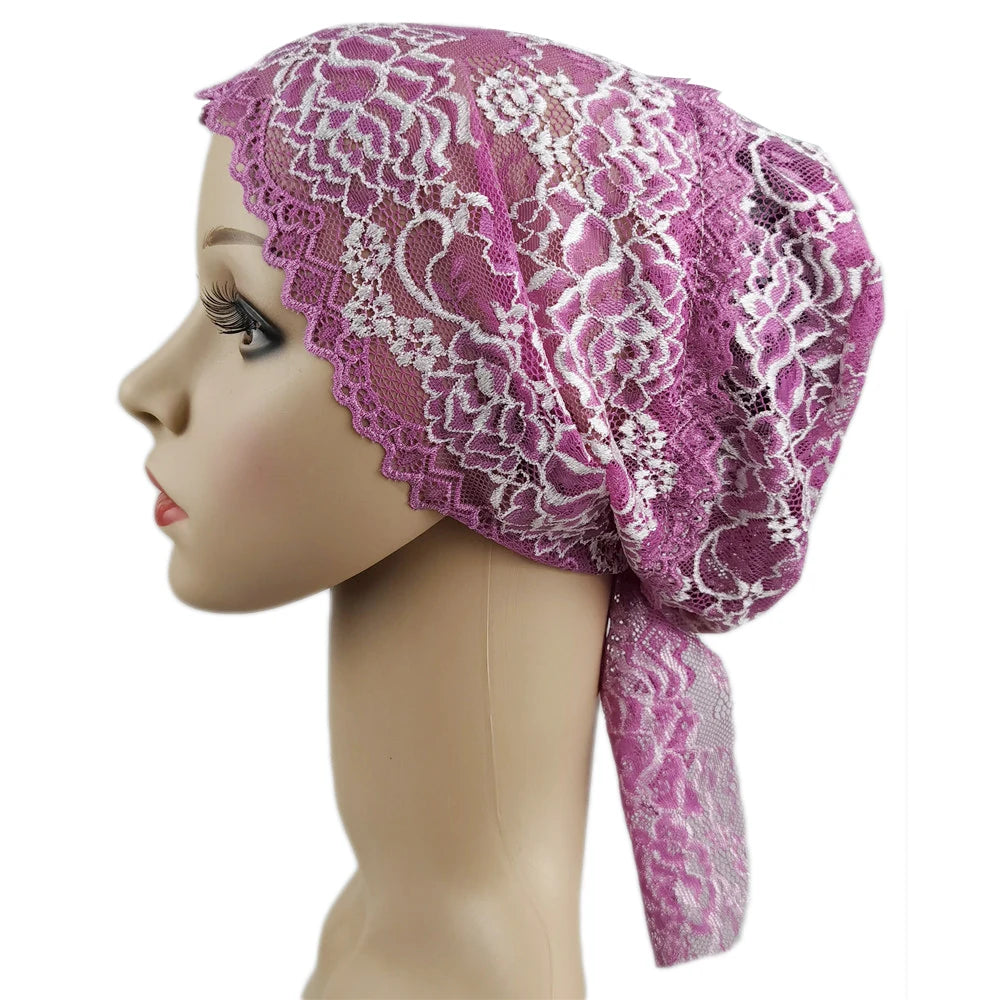 Muslim Women Head Scarf Lace Flower Underscarf Elastic Hijab  Cover Headwrap Chemo Cap Islam Headband Bonnet Turbante Mujer