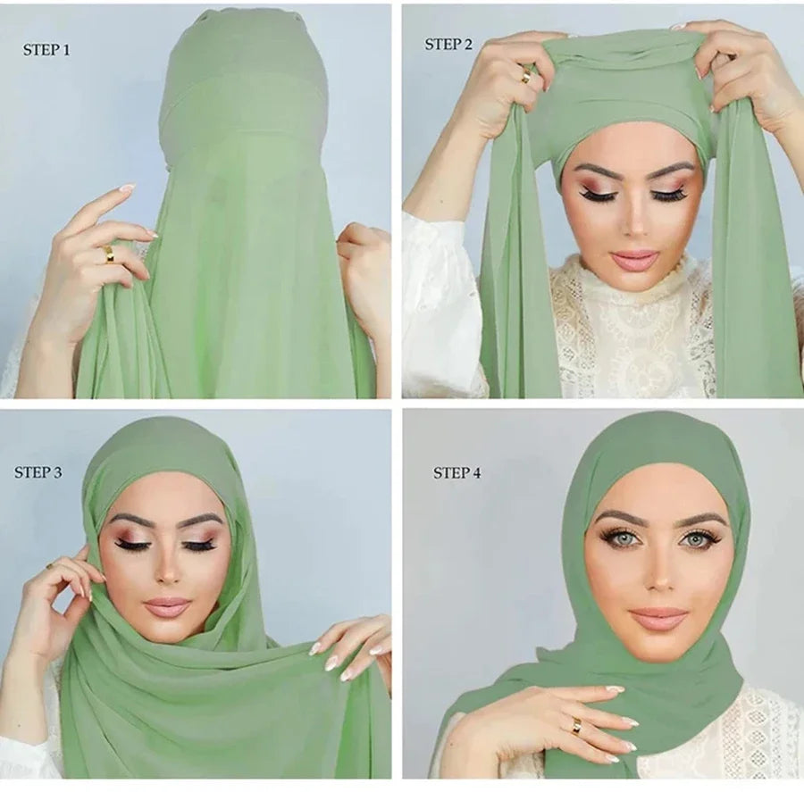 New Instant Chiffon Hijab Scarf With Undercap Solid Color .