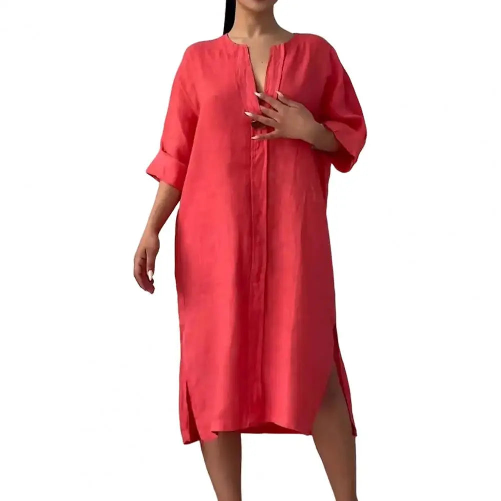 Summer Women Dress V Neck Side Split Loose Pullover Button women fashion'/MH