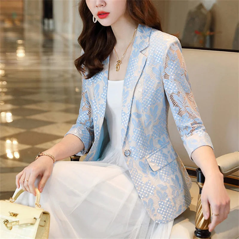 New Summer Thin Small Suit Jacket Lace Hollowed Blazer Lady.