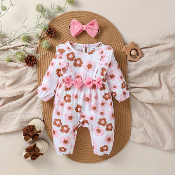 New Style Baby Girls Long Sleeve Print Flower With Bow O-18M