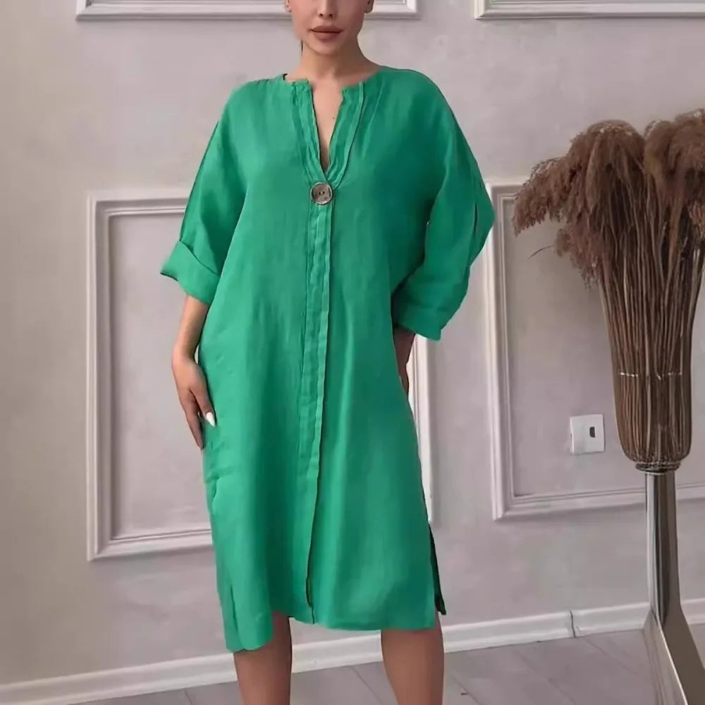 Women's New Cotton and Linen Solid Color Casual Round Neck Button Long Dress./MH