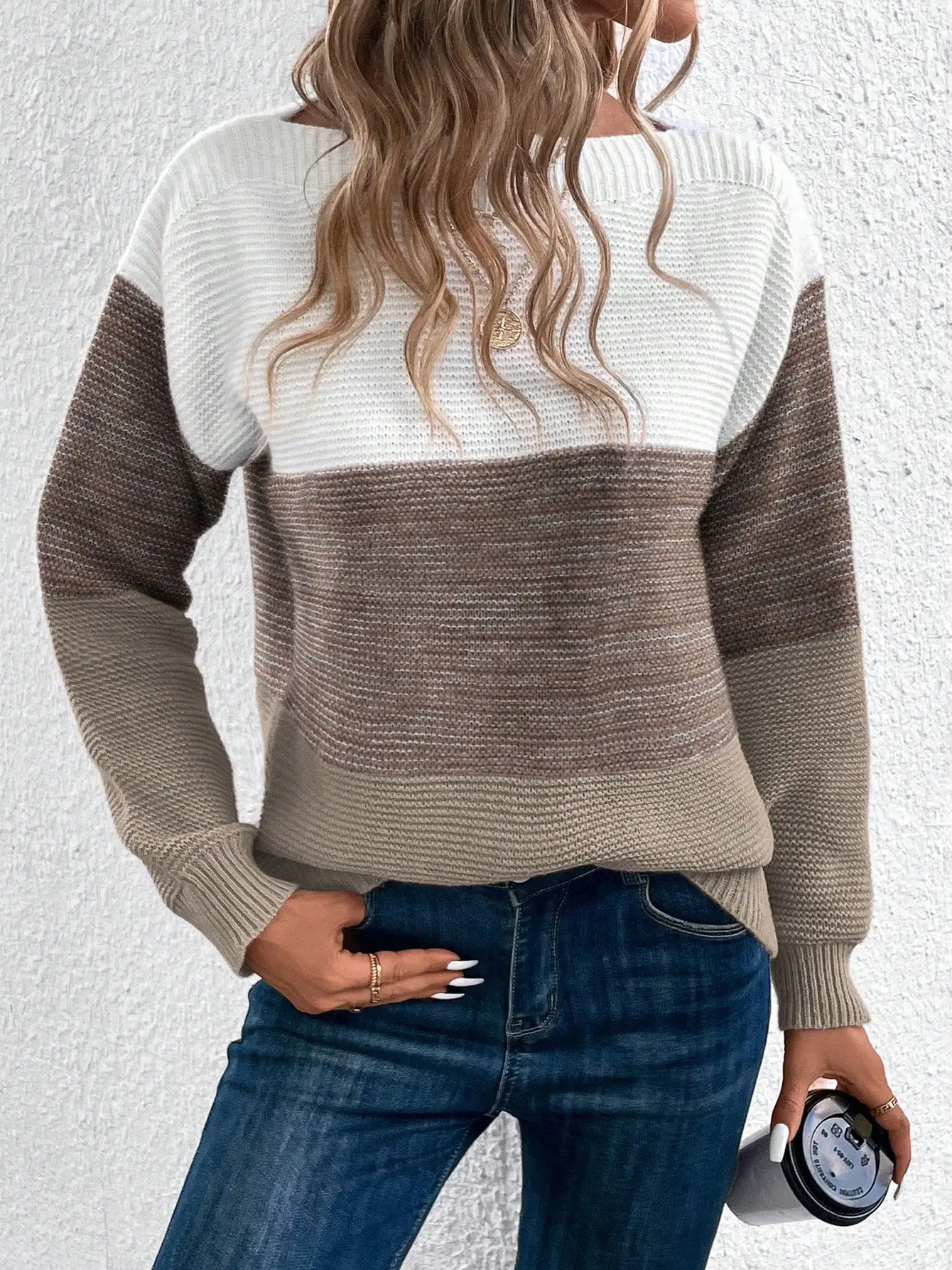 Elegant Three-color Patchwork Sweater Women Daily Commuter Casual .