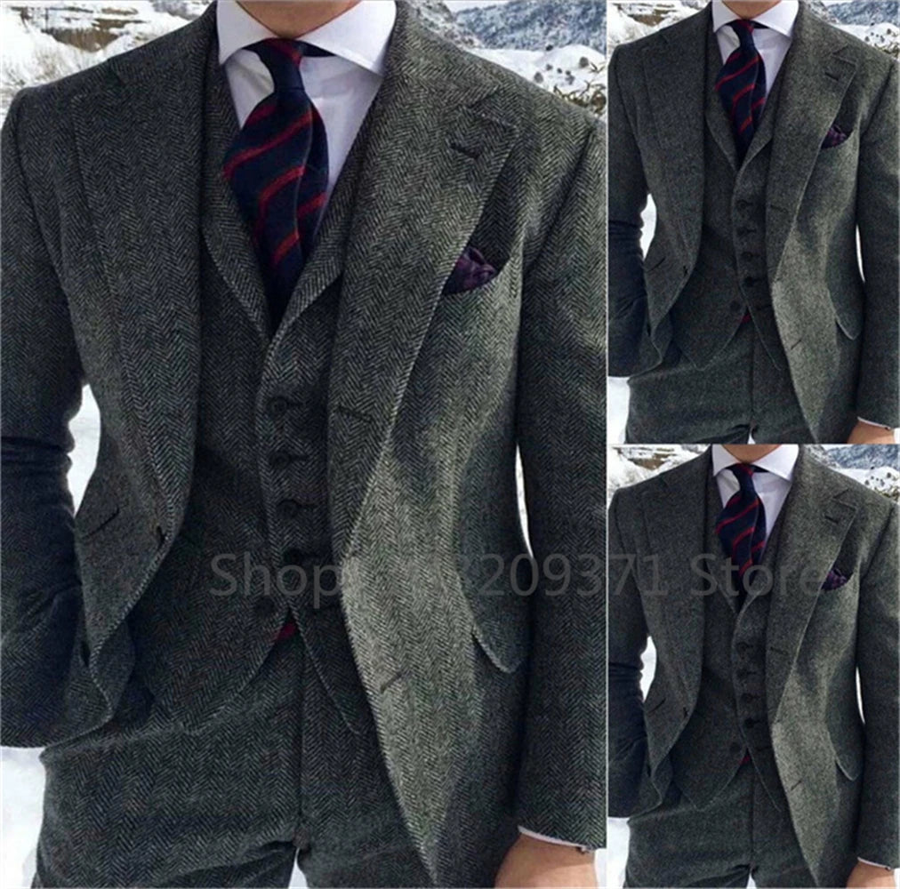Gray Herringbone Winter Suit for Men Wool Tweed Slim Fit .