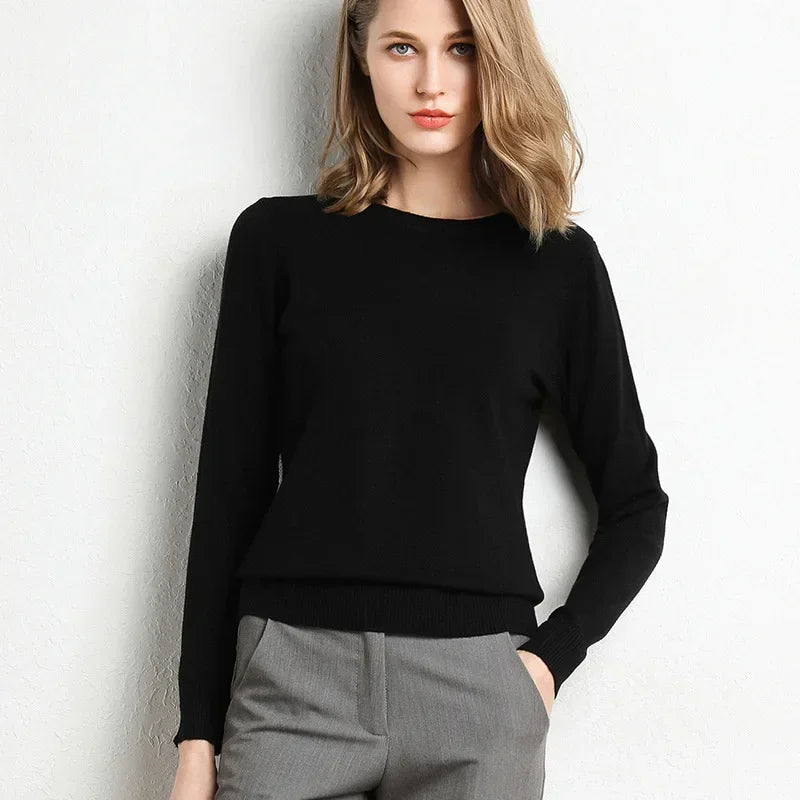 Women Slim O-Neck Pullover Cashmere Wool Blending Sweater.