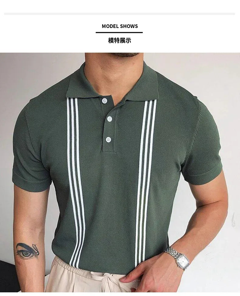 Men's Polo Shirts Vintage Striped Lightweight Knit Golf Shirts Classic Casual Short Sleeves Tops Male Business Social Shirt