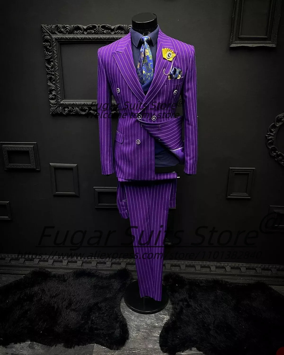 High-end Purple Stripe Men Suits Slim Fit Double Breasted Groom Formal .