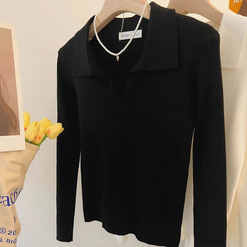 Women Clothing Vintage Fashion Solid Turn-down Collar Pullovers.