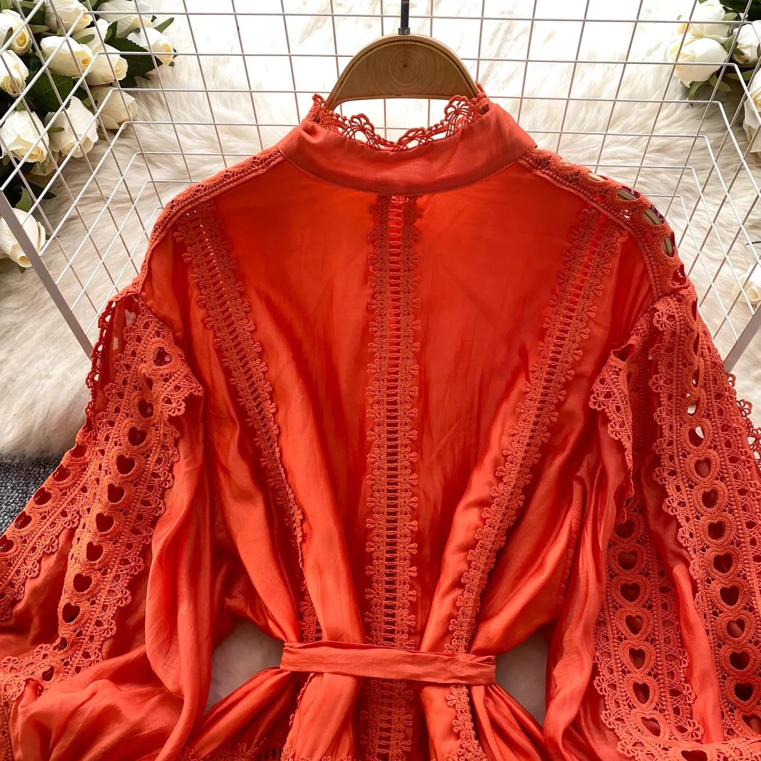 Spring Summer Embroidery Lace Stitching Hollow Out Midi Dress Women's Stand Collar Single Breasted Belt Loose Party Vestidos