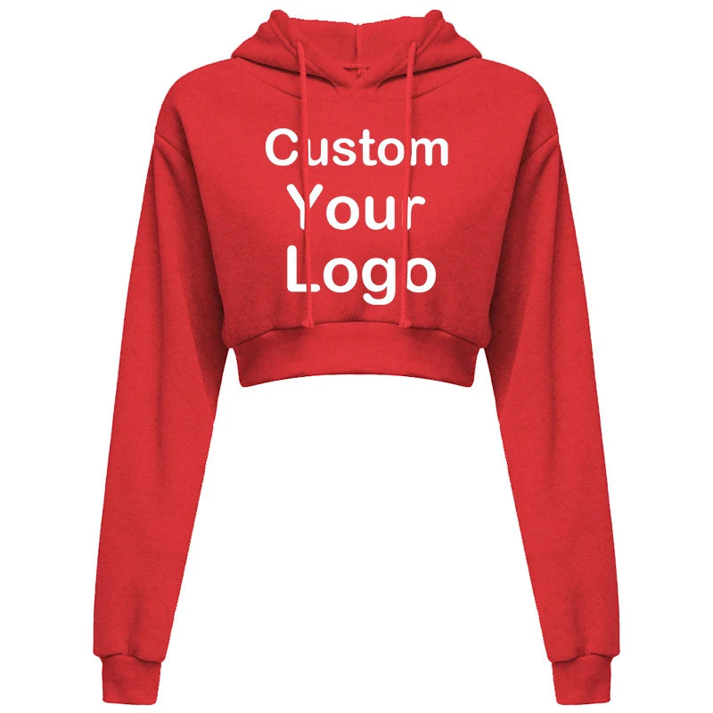 Customized Logo Print  Crop Hoodie Women Spring Autumn Pullovers Ladies Solid Color Drawstring Hooded Full Sleeve Sweatshirt