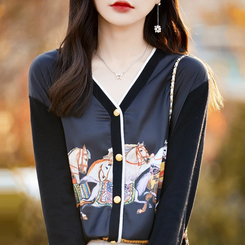 Spring and Autumn New Woven Wool Cardigan Women's V-neck.