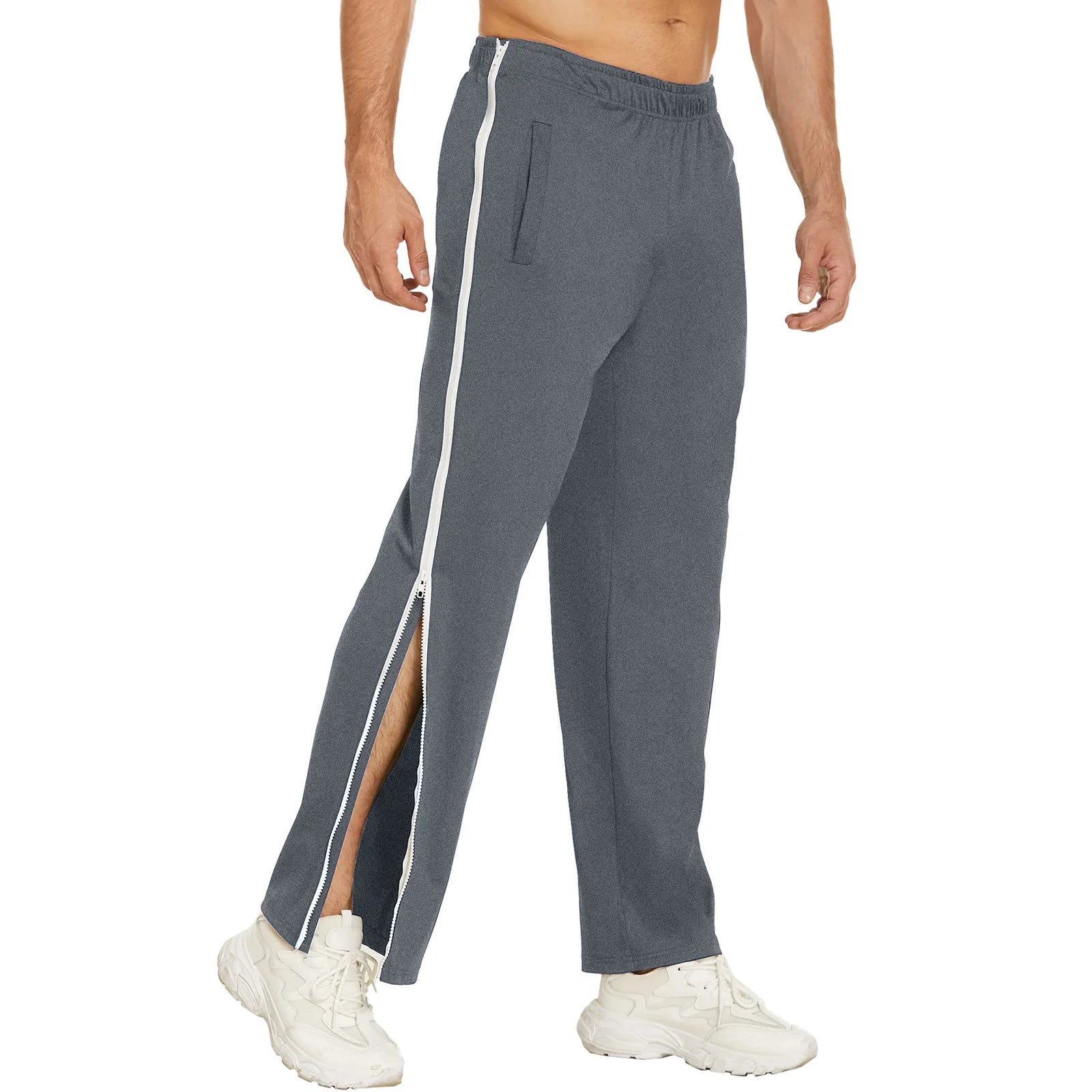Men Athletic Pants, Elastic Waist Zip-up Trousers Casual Pants.