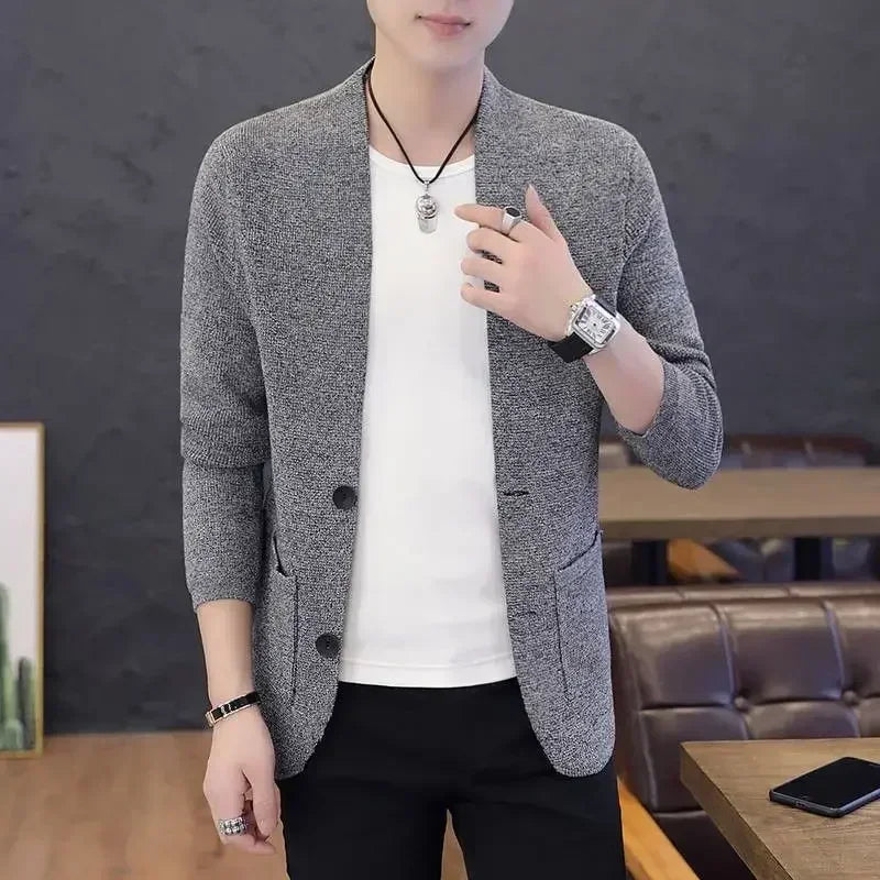 Knit Sweater Male Men's Clothing Cardigan Black Slim Fit Plain .