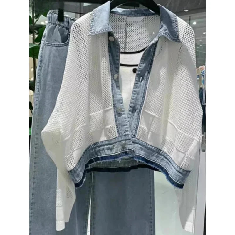 Women Clothing Streetwear Fashion Coats Patchwork Denim .