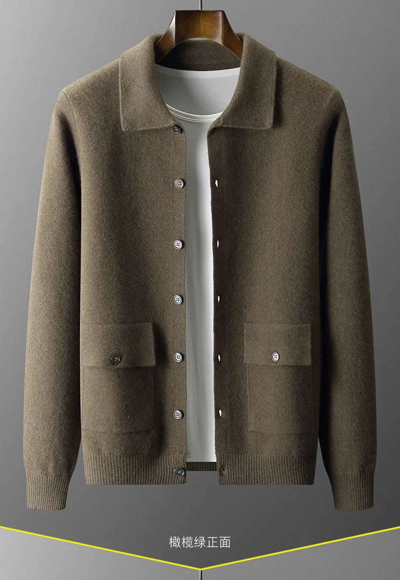 Autumn/Winter Cashmere Cardigan Men's Polo Neck Sweater.