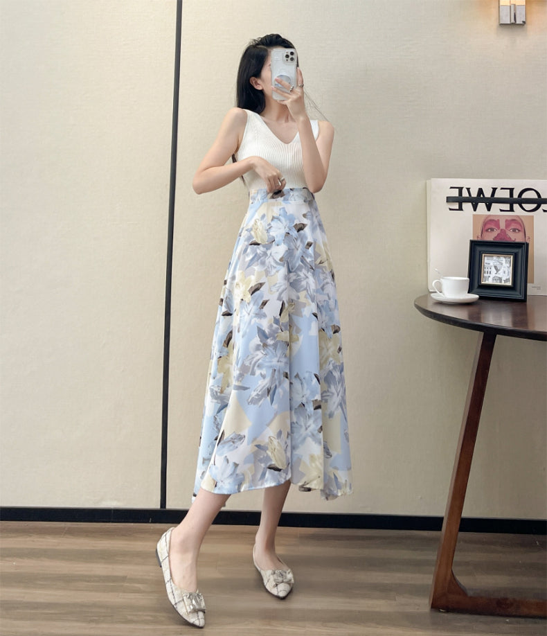 Summer High Waist Women Skirts Casual Floral Printed Chiffon.