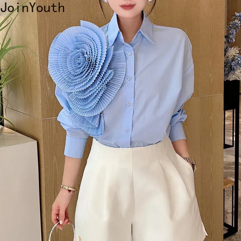 2025 Camisas De Mujer Blouse for Women Elegant Floral Shirts Oversized Tops Long Sleeve Fashion Pleated White Casual Blouses