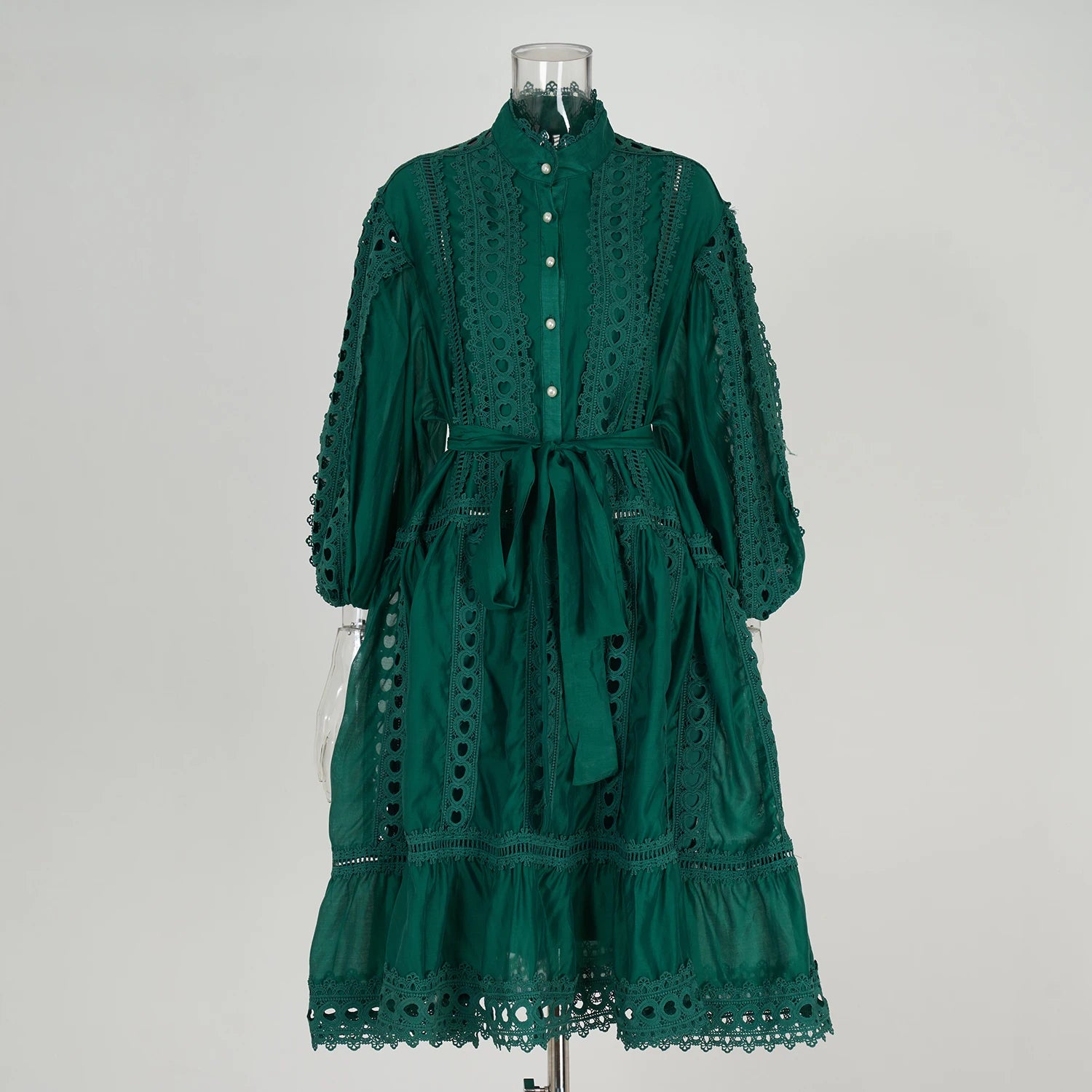 Spring Summer Embroidery Lace Stitching Hollow Out Midi Dress Women's Stand Collar Single Breasted Belt Loose Party Vestidos