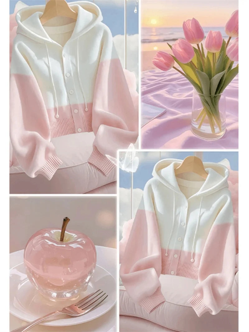 Women Spring Autumn Patchwork Knitted Cardigan Sweater 2025 New Korean Ladies Single Breasted Sweater Hooded Jacket Elegant Coat