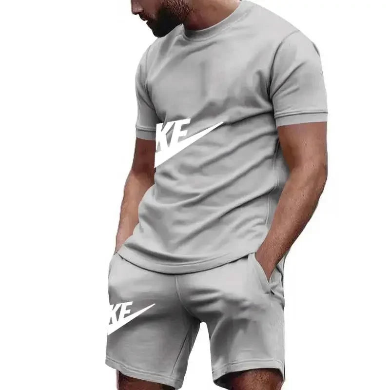 Men 2025 summer new casual sports suit Fashion breathable outdoor men's short-sleeved T-shirt + training shorts two-piece set