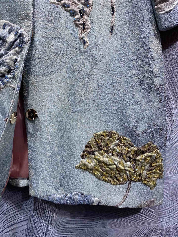 DLDENGHAN Beading Jacquard Coat For Women O-Neck Long Sleeves.