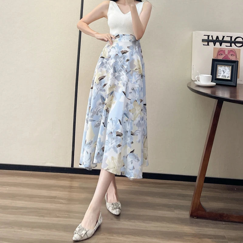 Summer High Waist Women Skirts Casual Floral Printed Chiffon.