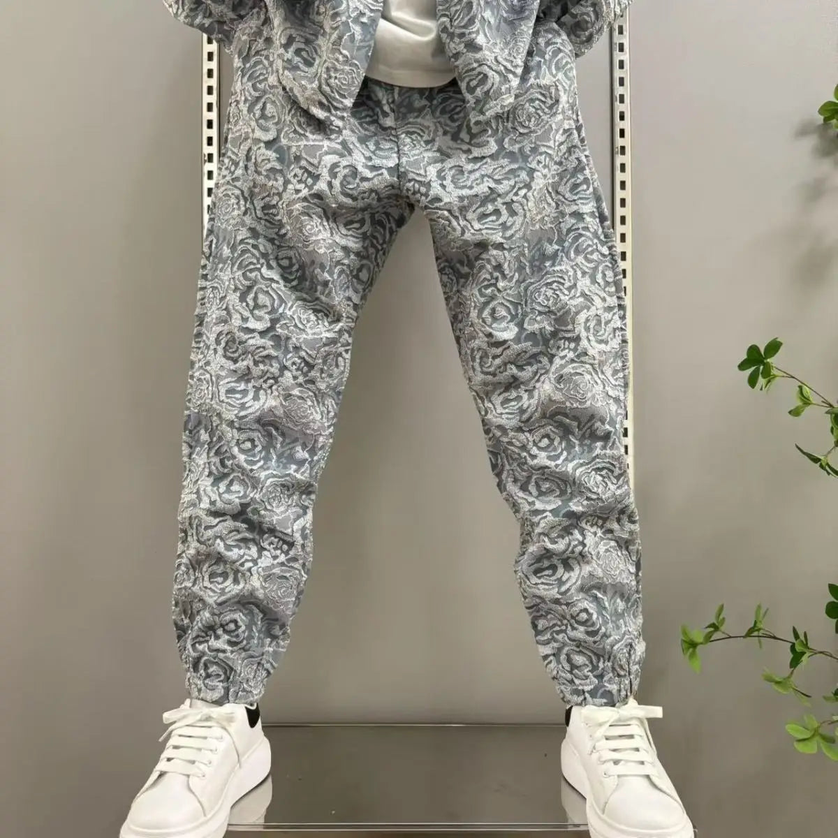 Men's Casual Suit Lapel Jacquard Shirt Trousers Two-piece Set .