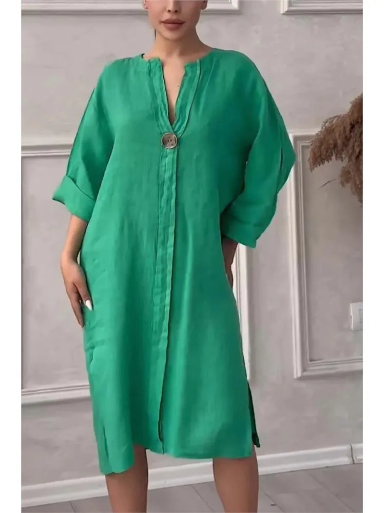 Elegant O-neck Long-sleeved Button Dress For Women ./ MH