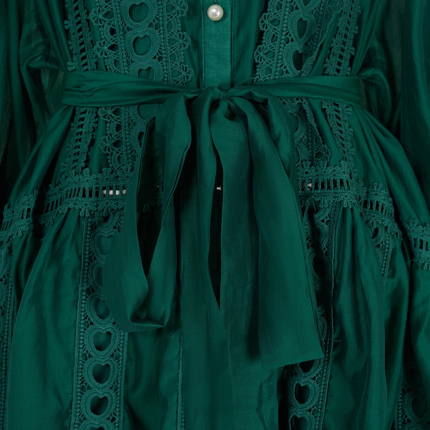 Spring Summer Embroidery Lace Stitching Hollow Out Midi Dress Women's Stand Collar Single Breasted Belt Loose Party Vestidos