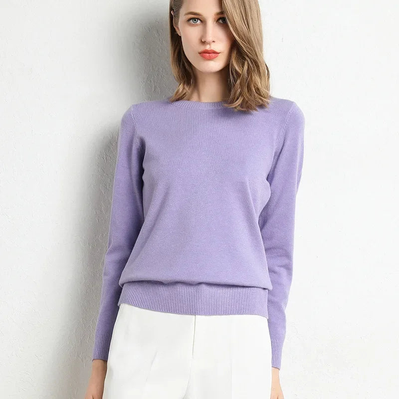 Women Slim O-Neck Pullover Cashmere Wool Blending Sweater.