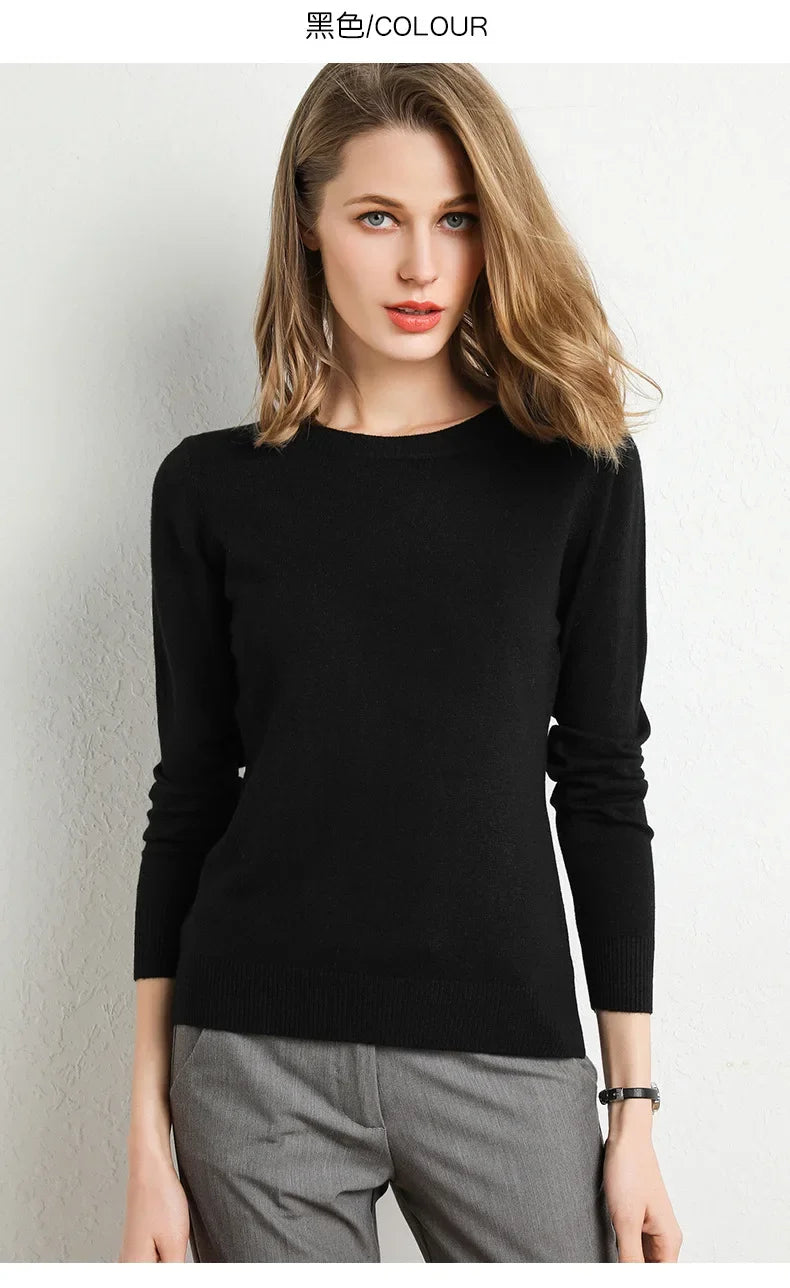 Women Slim O-Neck Pullover Cashmere Wool Blending Sweater.