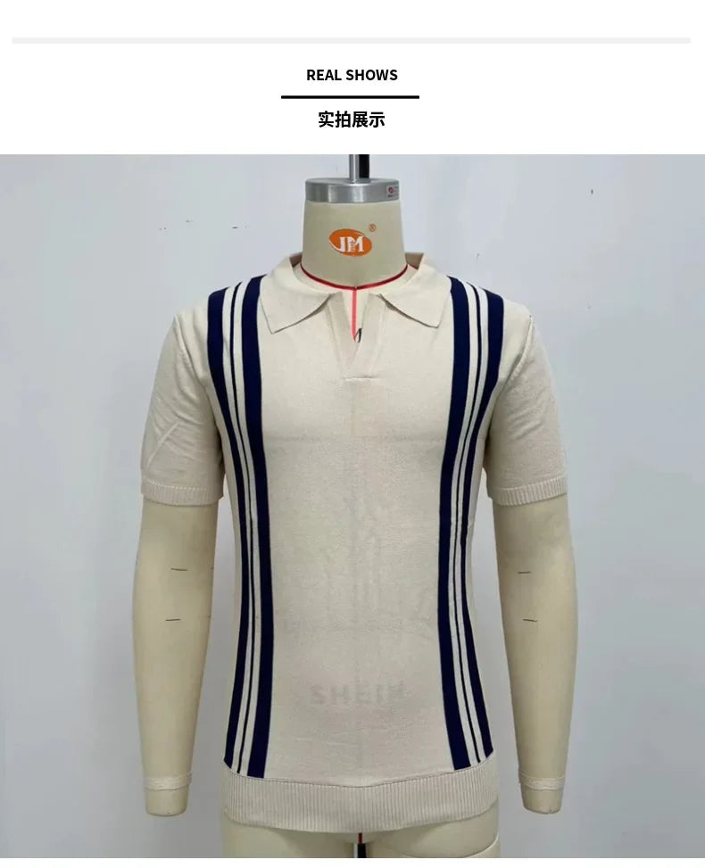 Men's Polo Shirts Vintage Striped Lightweight Knit Golf Shirts Classic Casual Short Sleeves Tops Male Business Social Shirt