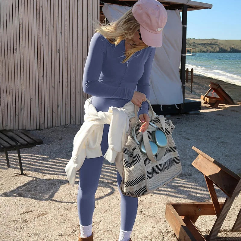 Shestyle Solid Women 2025 Fitness Bodycon Jumpsuit Zipper Fly Mock Neck Work Out Clothes Hipster Violet Sexy Stretchy Stylish