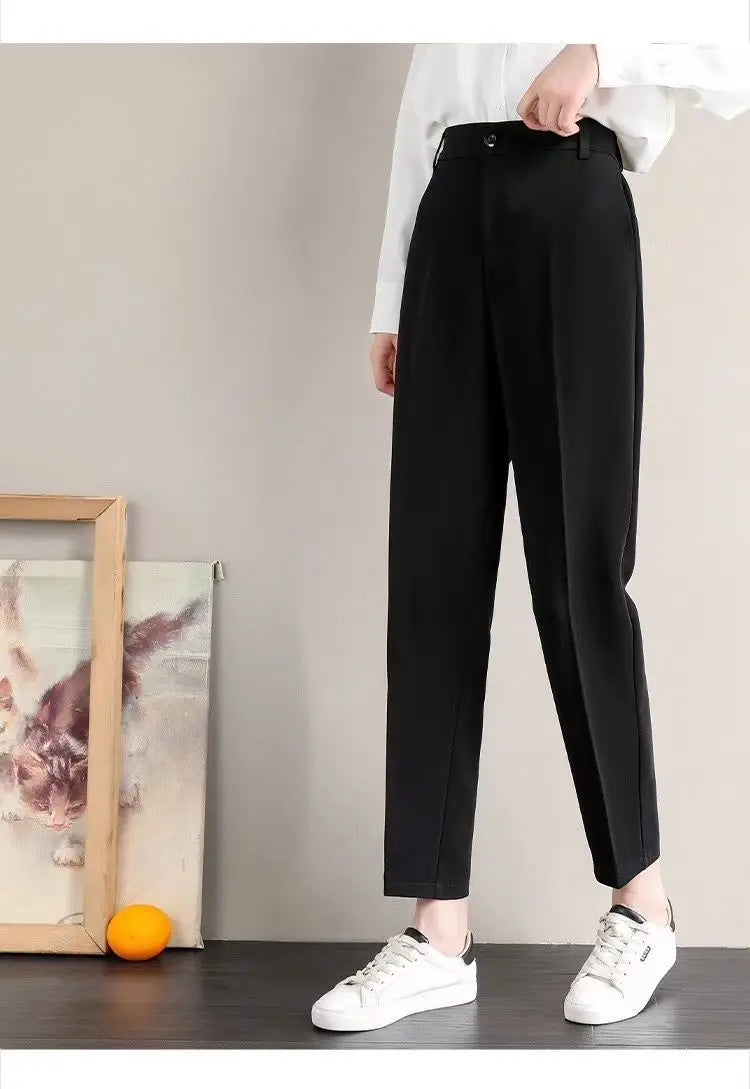 Fashion Office Pocket Black Loose Ankle-Length Pants Women New High Waist Korean Zipper Button All-match Lady Straight Trousers