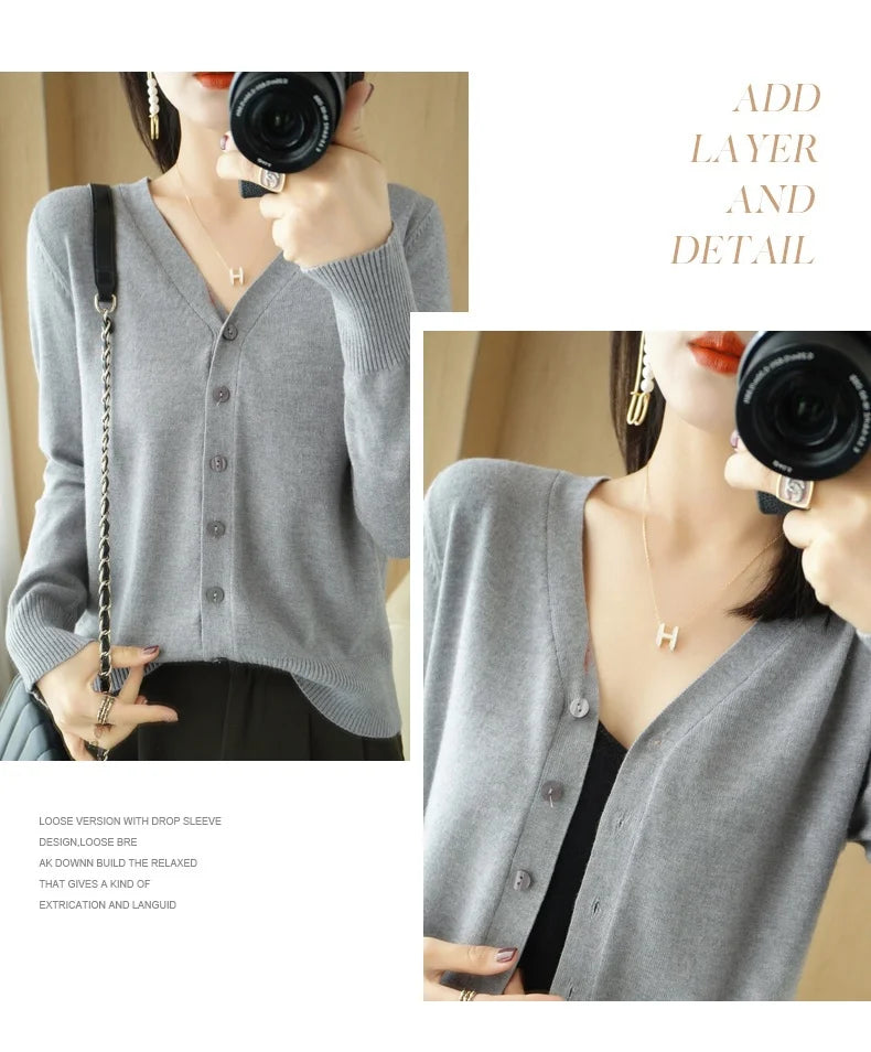 Cashmere Knit Cardigan V-Neck Solid Color Fashion High-Grade Comfortable.