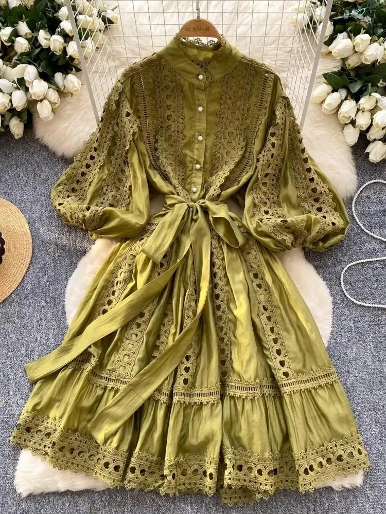 Spring Summer Embroidery Lace Stitching Hollow Out Midi Dress Women's Stand Collar Single Breasted Belt Loose Party Vestidos