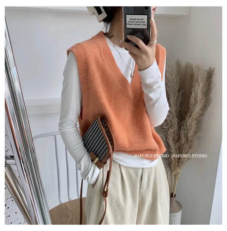 Sleeveless Knitted Sweater Vests Women Casual Solid Loose Outerwear .