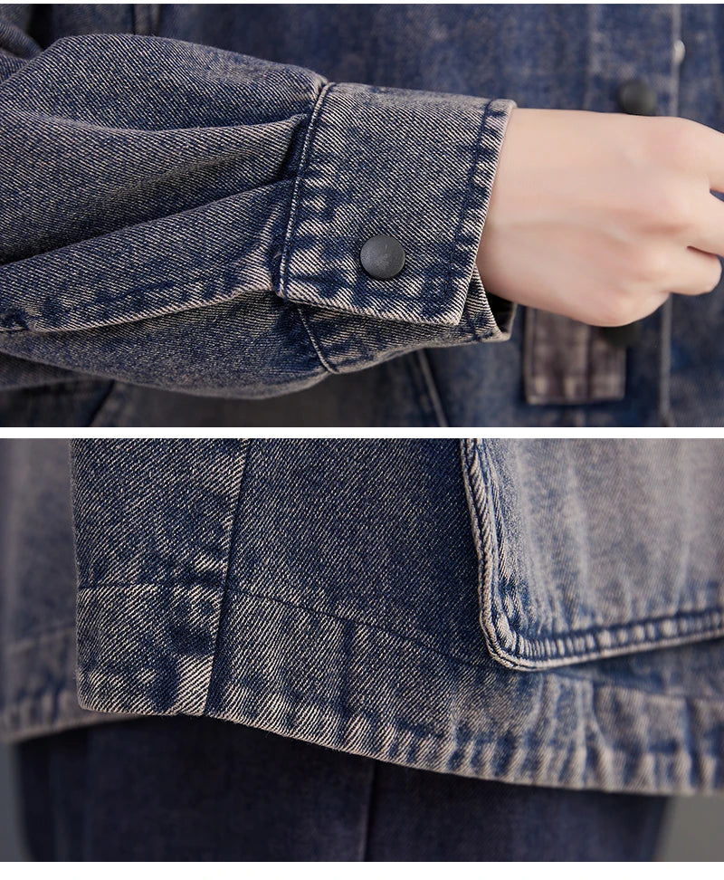 Women Long Sleeve  Denim Jackets Big Pocket Vintage Blue Short Coat .
