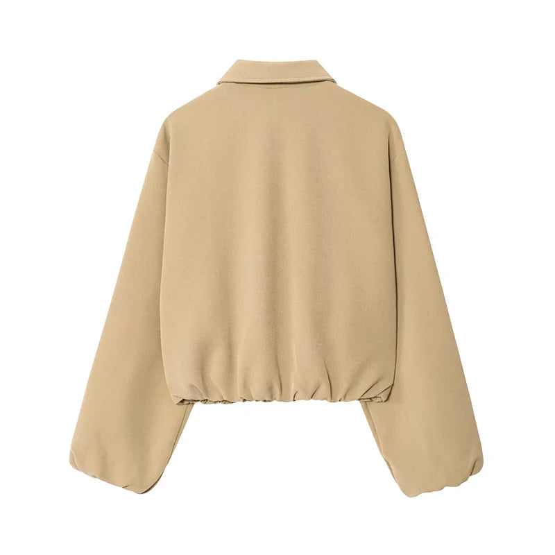 Casual Solid Zipper Lapel Short Jacket Women Long Sleeve .